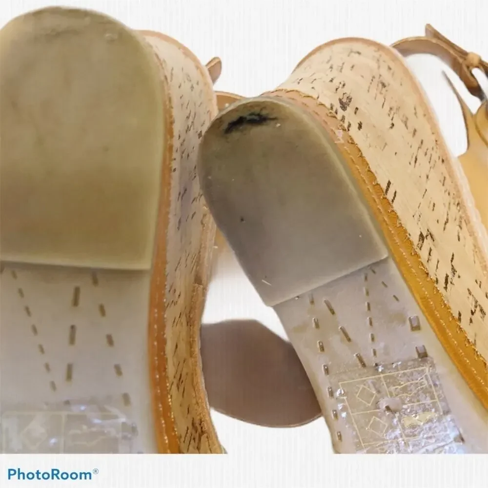 Dolce Vita White Tan Leather Cork Wedge Sandals 9.5